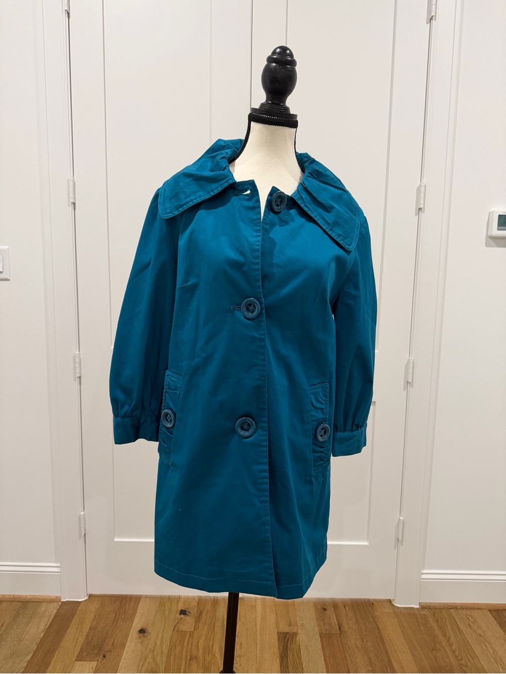 Shana K Women’s M Teal Blue Ruffle Collar 3/4 Sleeve Jacket Coat